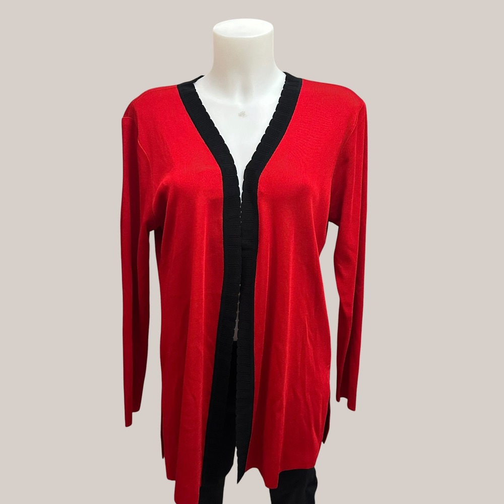 Misook Vintage Red Acrylic Knit Open  Cardigan Sweater Black Scallop Trims Small